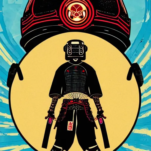 Prompt: Illustrated by Shepard Fairey and H.R. Geiger | Cyberpunk Samurai with VR helmet, surrounded by cables