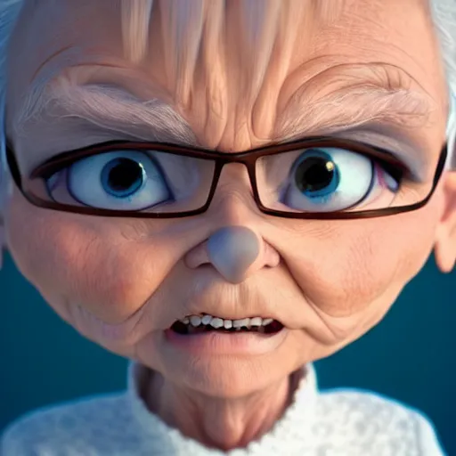 Image similar to super cute but angry gran, portrait, face symmetry, centered, anime style, disney character style, octane render, symetrical portrait, 3 d, pixar, disney, epic lighting, cinematic composition, hyperrealistic, 8 k