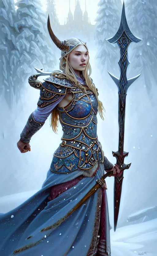 Image similar to opal viking warrior, regal, elegant, winter, snow, beautiful, stunning, hd, illustration, epic, d & d, fantasy, intricate, elegant, highly detailed, wide angle, digital painting, artstation, concept art, smooth, sharp focus, illustration, wallpaper, art by artgerm and greg rutkowski and alphonse mucha and jin xiaodi