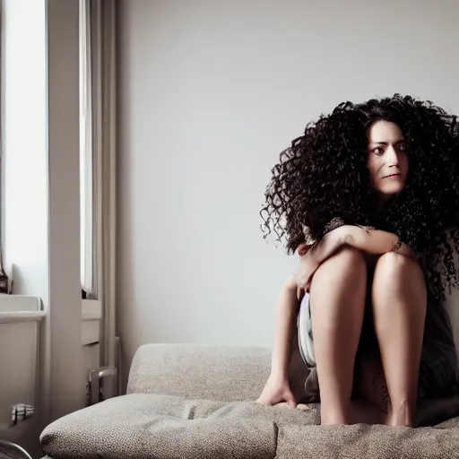 Prompt: a woman with long curly hair sitting in a room