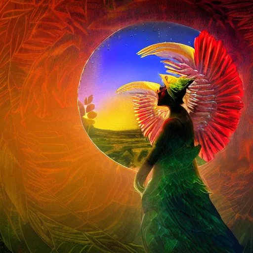 Image similar to the solarpunk phoenix, red bird, ornate egg, regeneration, landscape, epic composition, volumetric light, bokeh, inspired by monet and by alphonse mucha