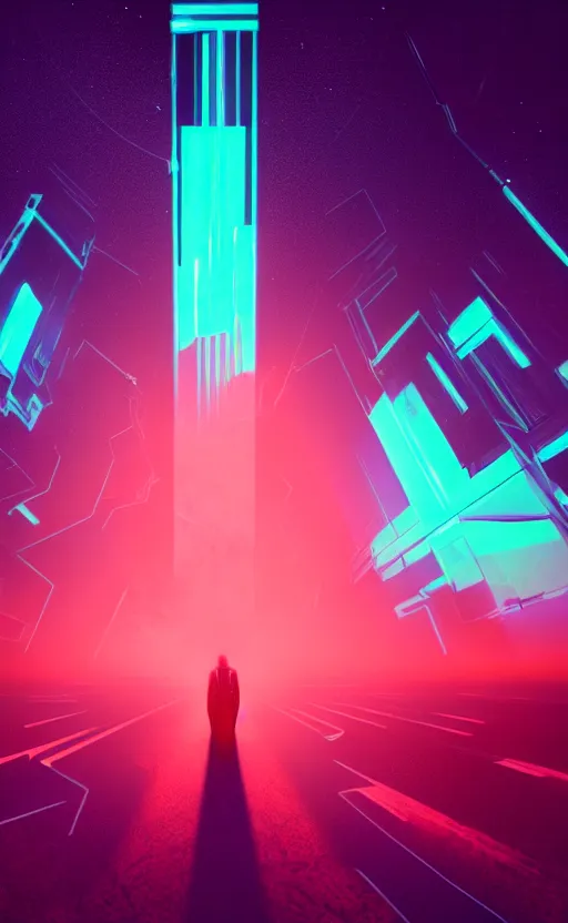 Image similar to a love affair with doubt, dark retrowave, glitch art, interstellar, beautifully lit, by Pascal Blanché, artstation, unreal engine