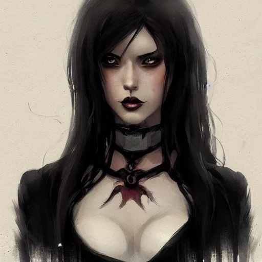 Image similar to female human vampire witch in the style of greg rutkowski, makoto shinkai, trending on artstation, character design, concept art, pretty face, highly detailed, long black hair, portrait, digital art