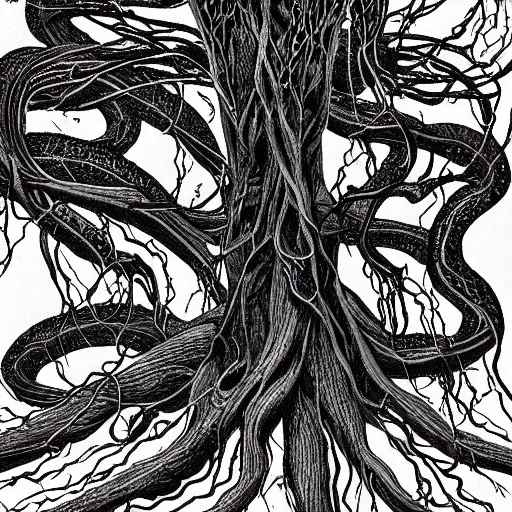 Image similar to ward - winning illustration of pitch black, tar - like, shadow roots with lots of tendrils spreading everywhere, intricate detail, deep black roots, infestation, shadowy, lovecraftian