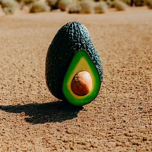 Prompt: an avocado walking through the desert