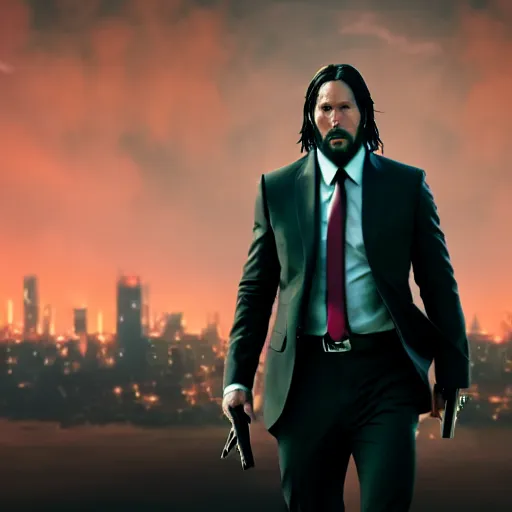 Image similar to jesus christ in john wick fighting scene, 4 k, high resolution, still, landscape, hd, dslr, hyper realistic