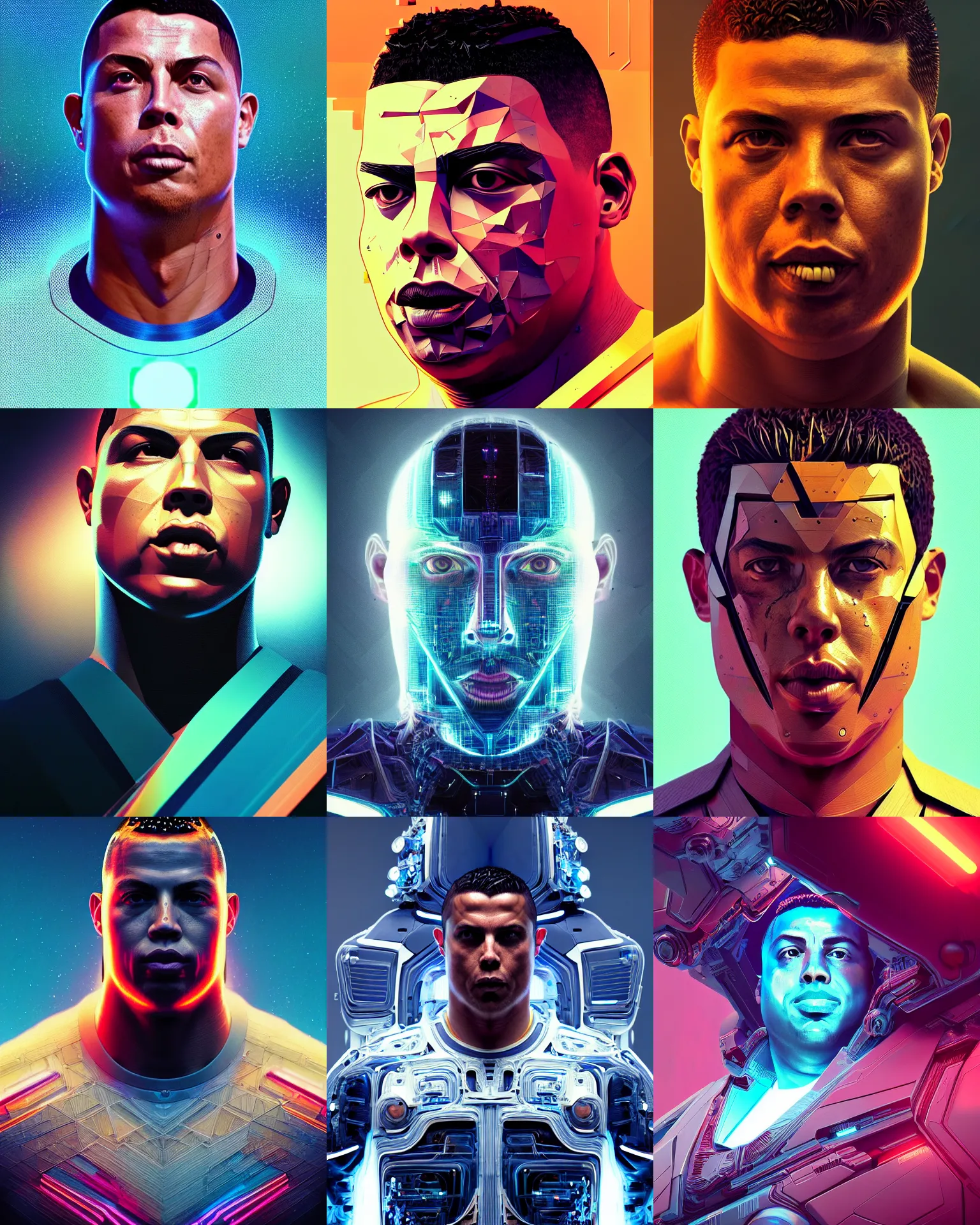 Prompt: ronaldo nazario as a cyborg. intricate abstract. intricate artwork. by tooth wu, wlop, beeple, dan mumford. octane render, trending on artstation, greg rutkowski very coherent symmetrical artwork. cinematic, hyper realism, high detail, octane render, 8 k, iridescent accents