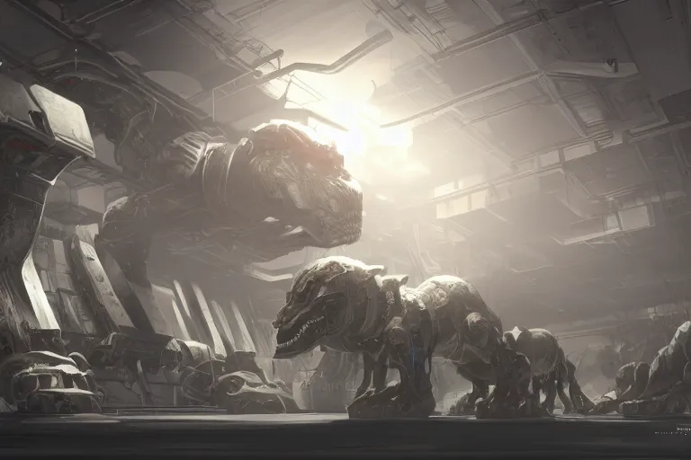 Image similar to robosaurus parallax datacenter server room interior single mono colossus white rusty robot sitting artstation cinematic detailed concept art volumetric light sharp coherent cgsociety symmetric perfect well balanced shadows lotr servers