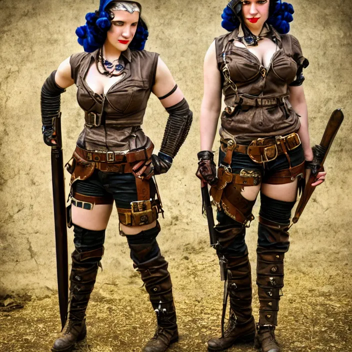 Image similar to full length photo of a very beautiful female dieselpunk warrior with weapons, 8 k, hdr, smooth, sharp focus, high resolution, award - winning photo