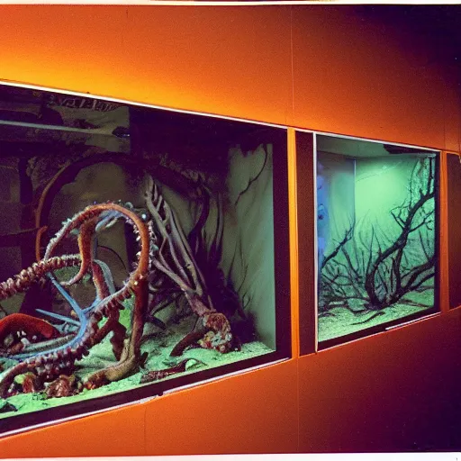 Prompt: colored photograph taken on fujifilm superia film, 3 5 mm, spooky creepy liminal space, halloween decorations, educational display case, aquatic exhibition science museum, driedup rotting aquarium with tentacles, fishbones, bright computer screens with colorful displays, backroom stairs leading down under water, displacement