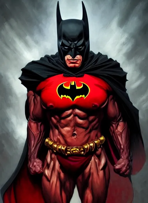 Image similar to portrait of aggressive demonic damned batman, d & d, muscular! athetic slim bodybuilder, red and black, futuristic, fantasy, intricate, elegant, highly detailed, digital painting, artstation, concept art, smooth, sharp focus, illustration, art by artgerm and greg rutkowski and alphonse mucha