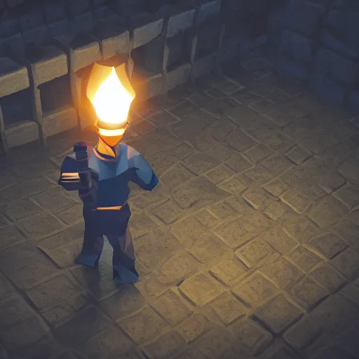 Image similar to a man holds a torch and explores a Dungeon, luminous, low poly