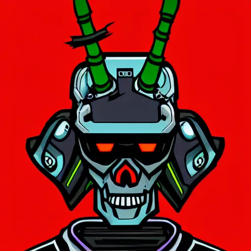 Prompt: a cyberpunk skull character drawn in the style of samurai jack