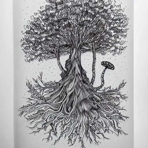 Image similar to black and white ink doodle illustration of an ancient tree floating in outer space, overgrown with funghi, style by peter deligdisch, peterdraws