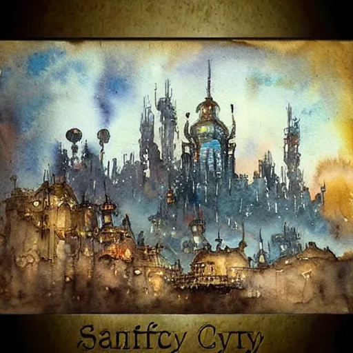 Image similar to #Fantasy #Landscape Collection Original #Watercolor #Painting Steampunk Scifi Surreal Land Whimsical #Ornate #Concept #Art #World Building Cityscape