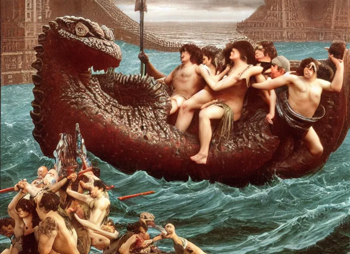 Prompt: wet slimy godzilla attacking the raft of the medusa, painting by lawrance alma - tadema by roger corman by richard corben by rick baker, 4 k, hyper - realistic, highly detailed