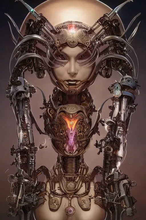 Prompt: twin Alien Robot concubines, facial tattoos, artists portrait, biomechanical, oppai, fantasy, highly detailed, photograph, concept art, sharp focus, depth of field blur, Mandelbrot fractal, art by artgerm and greg rutkowski and alphonse mucha and trevor brown