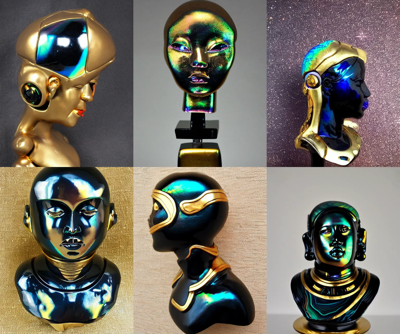 Prompt: intricate slightly iridescent and tanslucent realistic onyx and gold bust of futuristic obese fierce beautiful cybernetic astronaut black girl empress, soft light