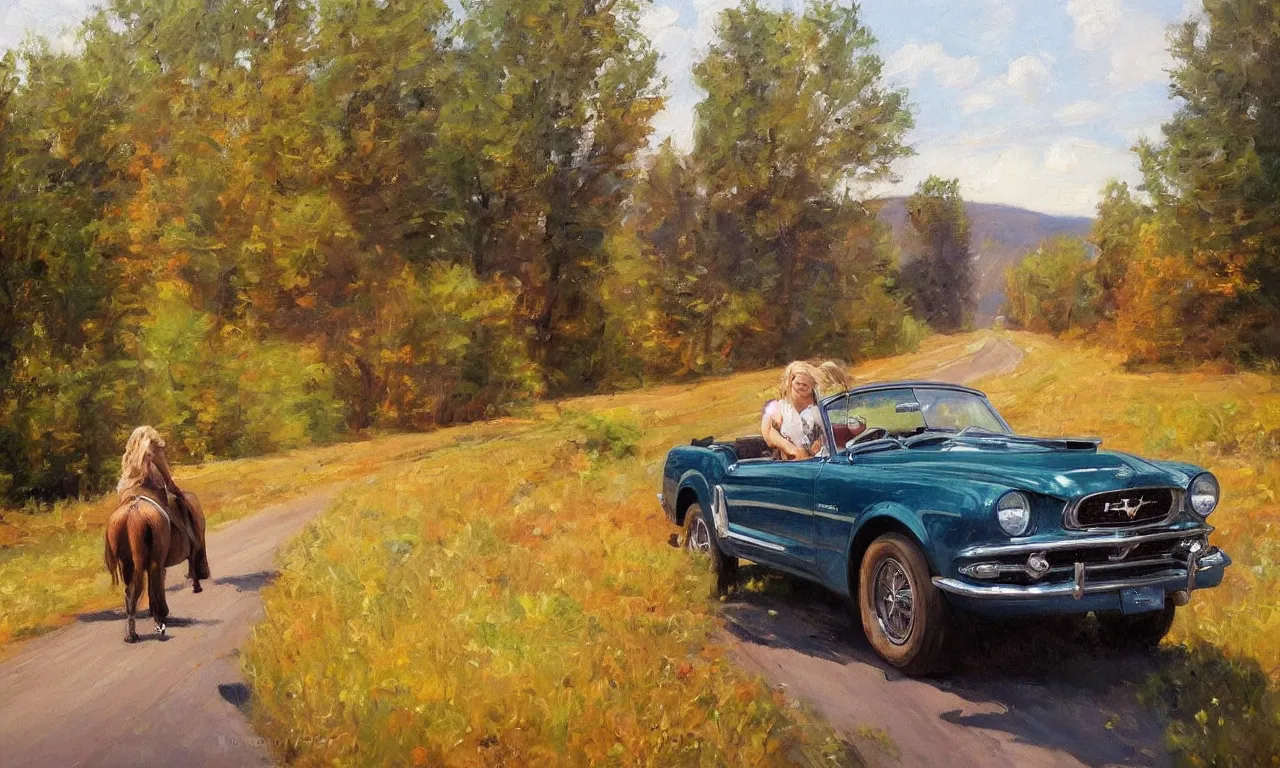 Prompt: 1950 blonde driving a mustang on a country road, moose, Swedish countryside, freedom, dawn, impressionism, realistic, painting by Vladimir Volegov, artstation, beautiful, masterpiece