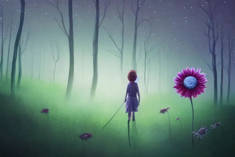 Image similar to giant daisy flower as face, girl walking in forest, surreal photography, dark night, stars, moon light, impressionist painting, clouds, digital painting, artstation, simon stalenhag