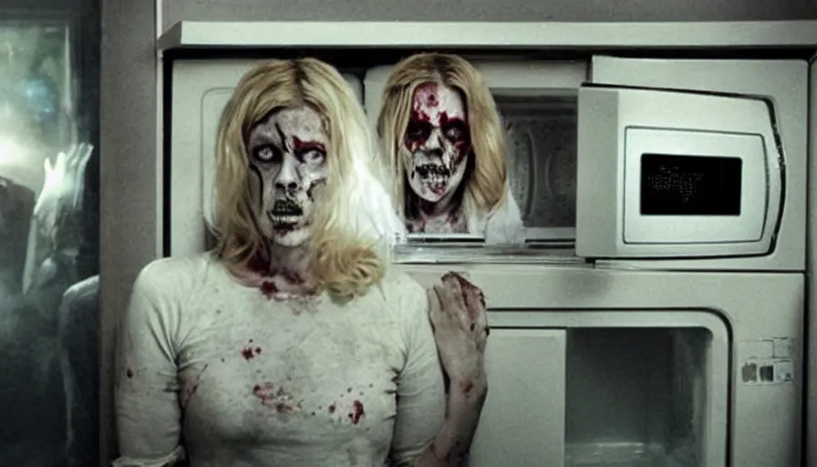 Prompt: big budget horror movie about microwave ovens using mind control to turn people into zombies