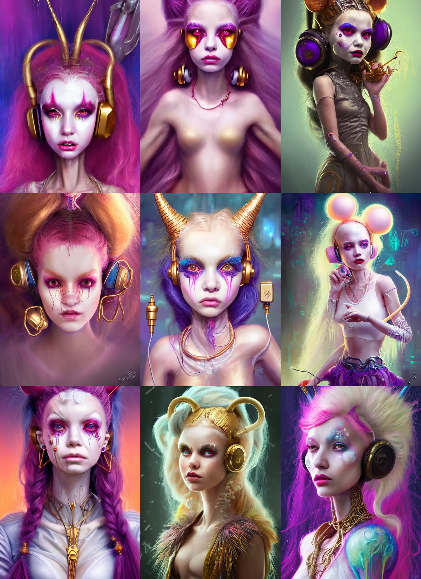 Prompt: disney weta portrait, soft lustrous biotech raver white clowncore disgusting demon girl cyborg, earbuds, golden ratio, sci - fi, fantasy, cyberpunk, intricate, decadent, highly detailed, digital painting, ever after high, octane render, artstation, concept art, smooth, sharp focus, illustration, art by artgerm, loish, wlop