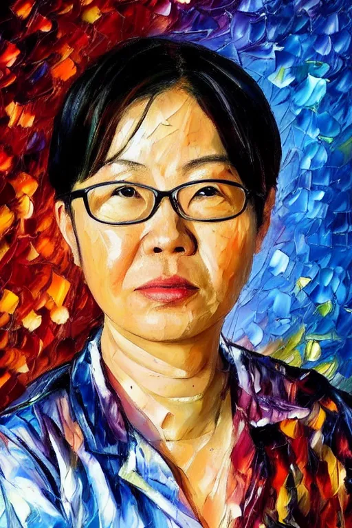 Image similar to palette knife oil painting portrait of police psychiatrist tracy wong, extreme detail, style by leonid afremov and degas, artstation trending, artgerm, deviant art, octane, substance, art history 8 k