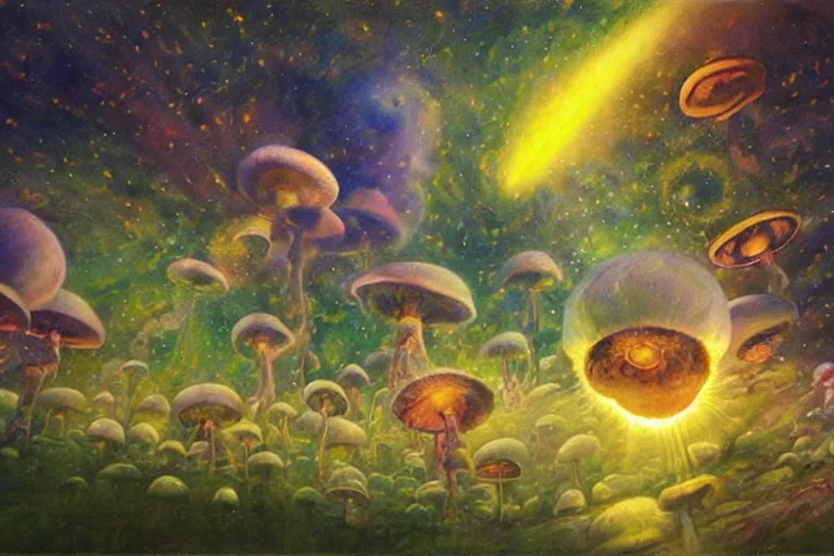 Image similar to how magic mushrooms can take us to the farthest reaches of innerspace, painting by james gurney