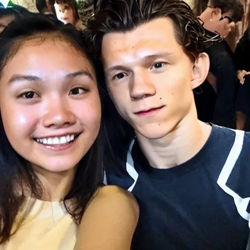 Image similar to Tom Holland with his arm around with a serious Filipina college girl