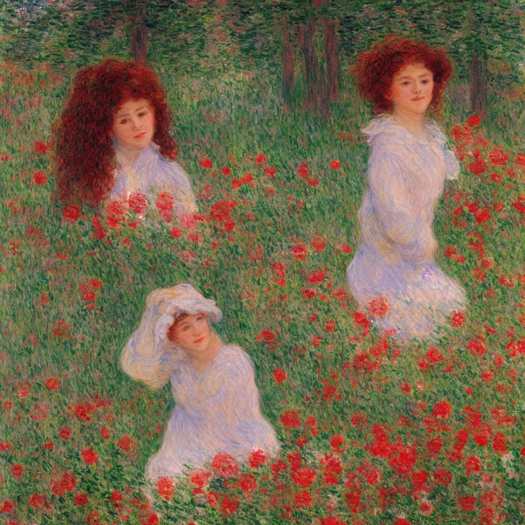 Prompt: a close-up of the face of a cute girl with short curly red hair sitting in a field of flowers, god rays are passing through the trees in the background, Monet painting