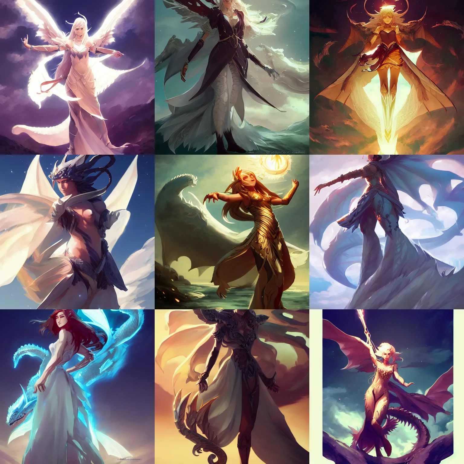 Prompt: glorious dynamic pose full body celestial goddess of dragons, dynamic lighting, pristine and clean design, cosplay, DAZ, art by rossdraws and greg rutkowski and Sarah Andersen,