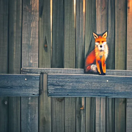 Prompt: one fox sitting ontop a wooden fence at night