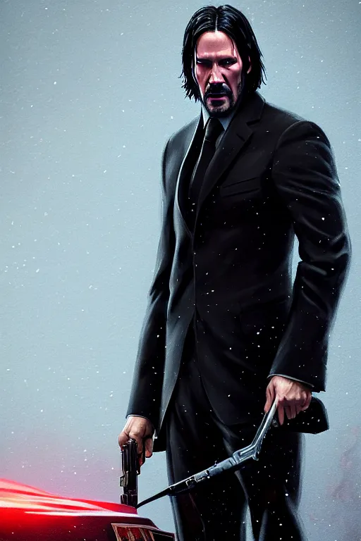 Image similar to cinematic shot of an epic portrait of john wick dressed in military clothes, stylised military clothes, shiny skin, beautiful eyes, beautiful, small details, night setting, realistic poster with volumetric light from craig mallism, artgerm, jeremy lipkin and michael garmash, unreal engine, radiant light, digital art, trends at art station, a masterpiece