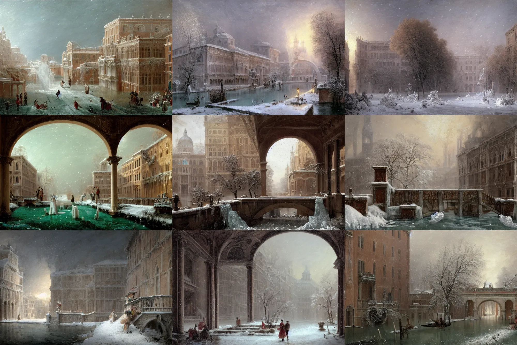 Prompt: colonial fountains of frozen water flooding a ghost town grand canal, snow, stoic, spirits covered in drapery, archways made of lush greenery, ice coming out of windows, light dust, magnificent, hyperdetailed, theatrical, close up, masterpiece, painted by jean honore fragonard and greg rutkowski and rob alexander