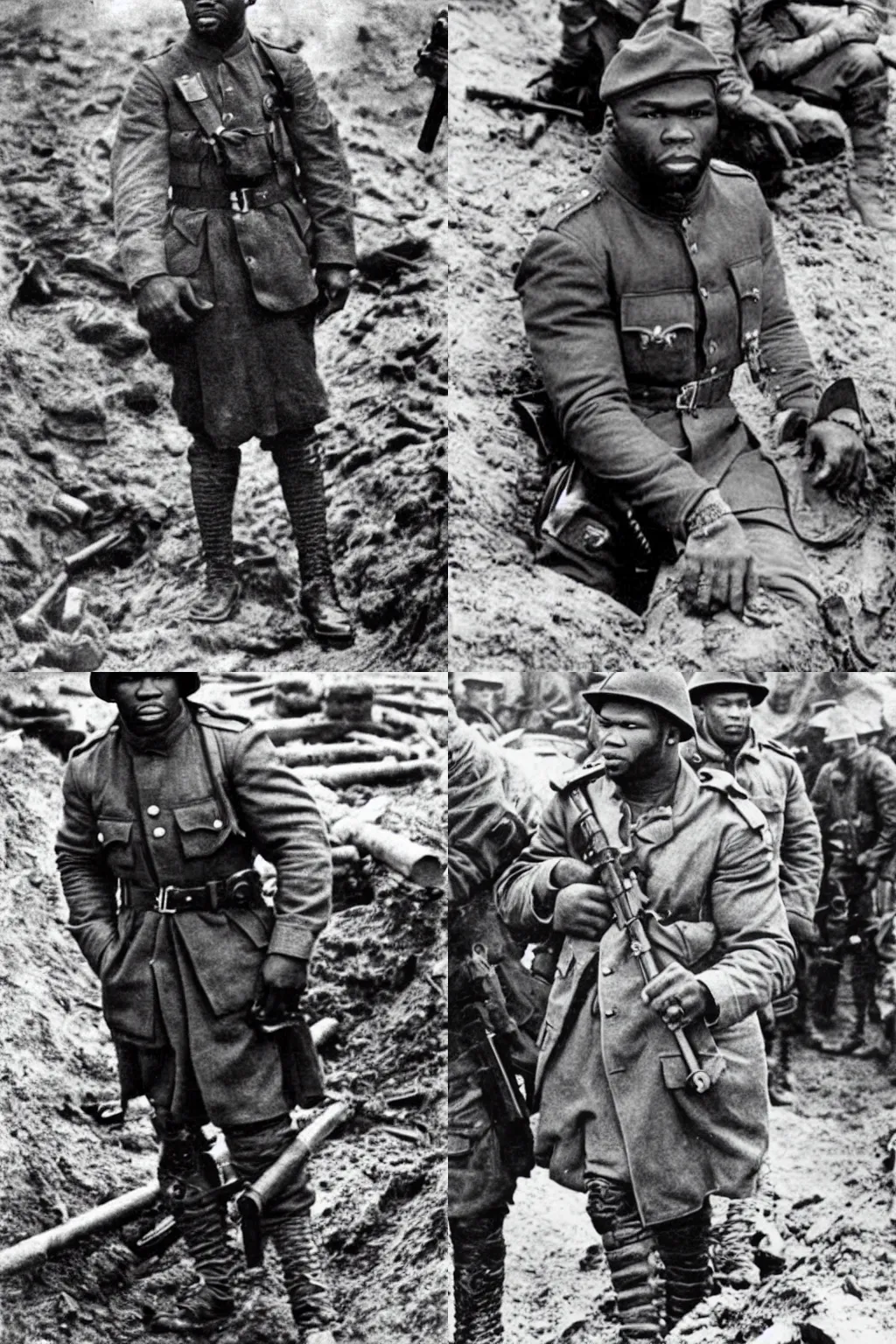 Prompt: photo of 50 cent in a trench during WWI