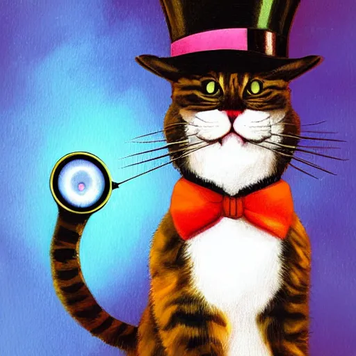 Prompt: cat with a monocle and top hat by bob ross and lisa frank and greg rutkowski