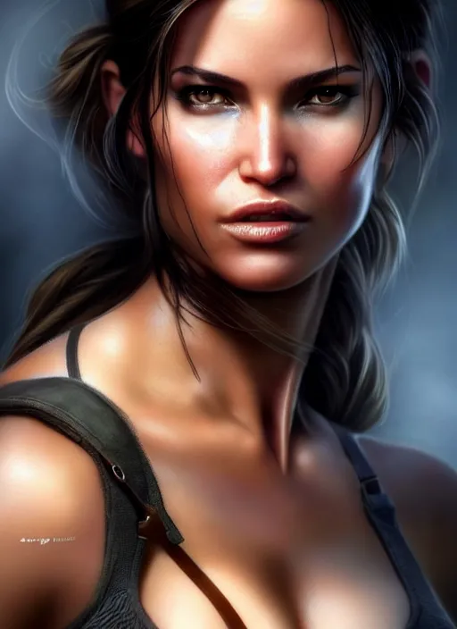 Prompt: a gorgeous lara croft photo, professionally retouched, soft lighting, realistic, smooth face, full body shot, torso, dress, perfect eyes, wide angle, sharp focus on eyes, 8 k high definition, insanely detailed, intricate, elegant, art by artgerm and jason chan and mark litvokin