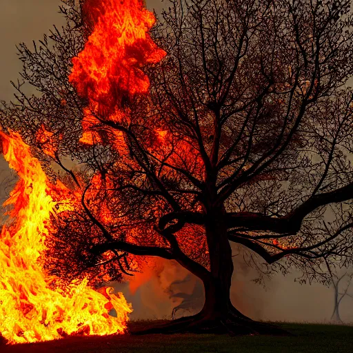 Image similar to tree engulfed in flames by Diane Arbus and Louis Daguerre. highly detailed. 85mm, Bokeh