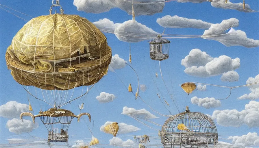 Prompt: an inflated stainless steel chrome birdcage in the clouds, people are hanging from kites by steel cables. Oil rigs in the sky. Intricate technical drawing. Colored pencil. Mammatus clouds. Ornate, brilliant, utopian, detailed, Golden ratio, solarpunk technology by Lebbeus Woods