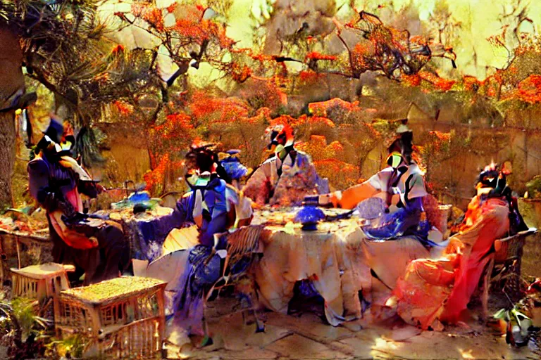 Image similar to wuxia, autumn, people drinking tea in garden, neon light, apricot flower falling, painting by gaston bussiere, craig mullins, j. c. leyendecker