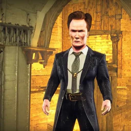 Image similar to Conan O'Brien as a holy preacher, in game screenshot of Red Redemption 2