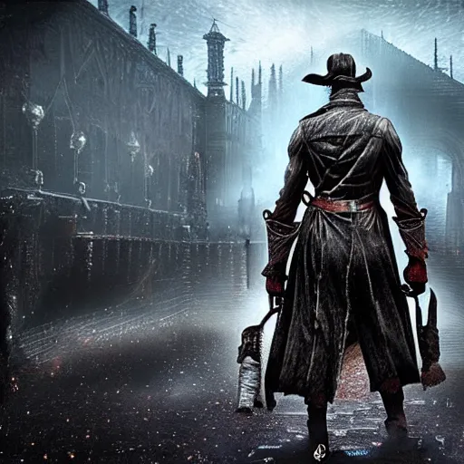 Image similar to Keanu Reeves as a character in Bloodborne, film still, photorealistic