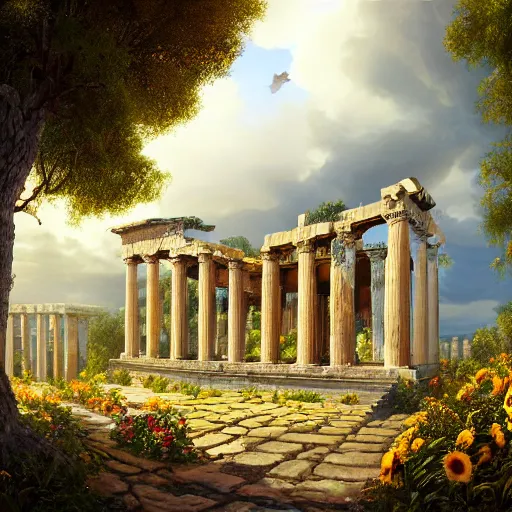 Prompt: beautiful highly detailed digital illustration of roses and sunflowers in front of a greek palace ruins in the forest. by Andreas Rocha, dramatic clouds, establishing shot, cinematic, architecture, artstation HQ, HD, 8k resolution, featured in art magazine, amazing depth, octane render, unreal engine 5