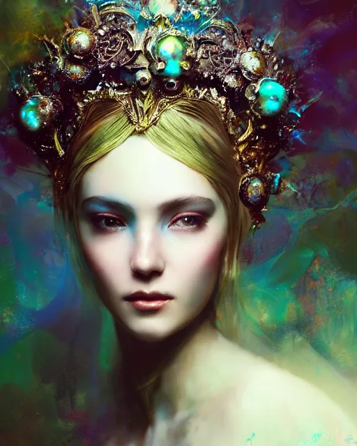 Image similar to 4k cinematic full view iridescent ethereal elysian female wearing intricate religious Madonna crown by Ruan Jia by Alberto Seveso, detailed and realistic, Artstation