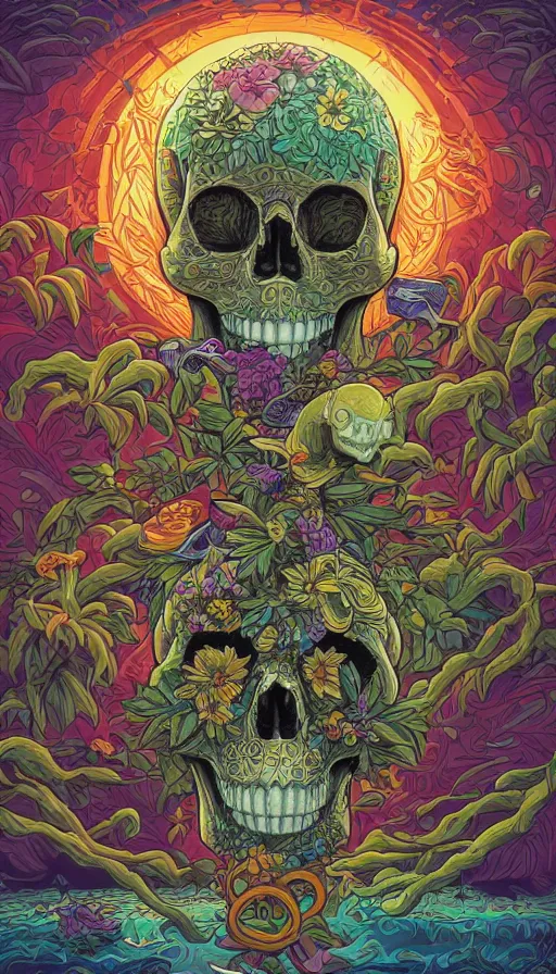 Image similar to The luminous island of the forgotten floral skull gods, italian futurism, da vinci, Dan Mumford, Josan Gonzalez