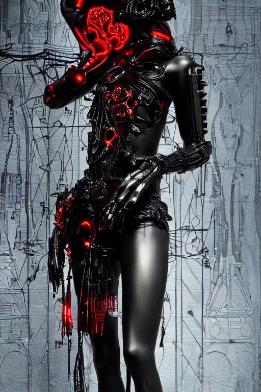 Image similar to full-body cyberpunk style sculpture of a young beautiful dark priestess, half android with a head opening exposing circuitry, glowing red eyes, black roses, flowing blood-red colored silk, fabric, candles. baroque elements, human skulls. full-length view. baroque element. intricate artwork by Caravaggio. crows flying in background. Trending on artstation, cinematic lighting from the right. hyper realism, octane render, 8k, depth of field, 3D