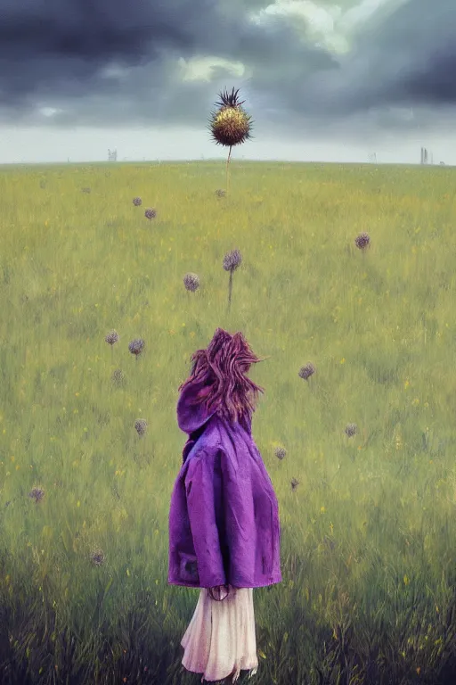 Image similar to portrait, enormous thistle flower under head, a girl in a coat in field, surreal photography, wind, cloudy sky, dramatic light, impressionist painting, digital painting, artstation, simon stalenhag