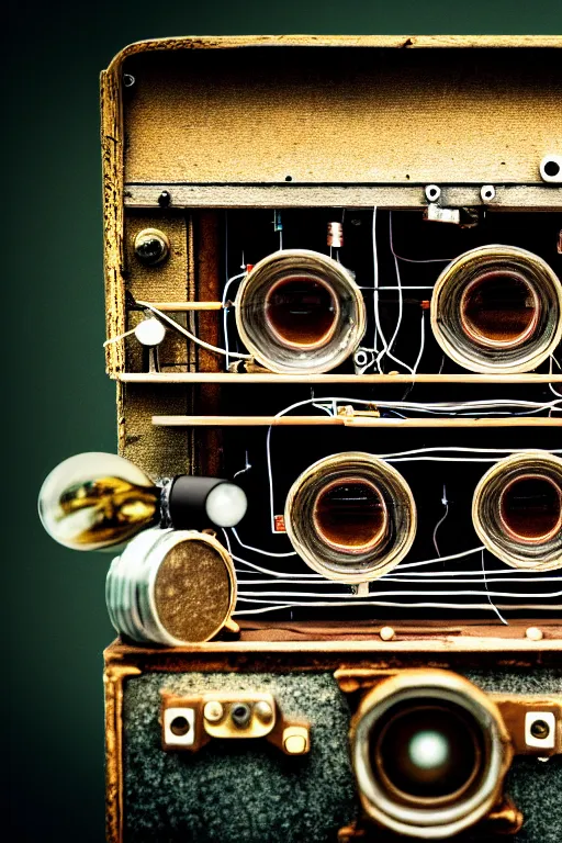 Image similar to A photo of a very old opened camera with vacuum tubes, capacitors and coils inside by Wes Anderson, grungy, weathered Ultra detailed, hyper realistic, 4k