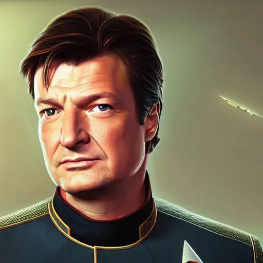 Prompt: A portrait of Nathan Fillion in a starfleet uniform, highly detailed photorealistic, unreal 5, hugh definition, 8k, deviantart, donato giancola, oil painting