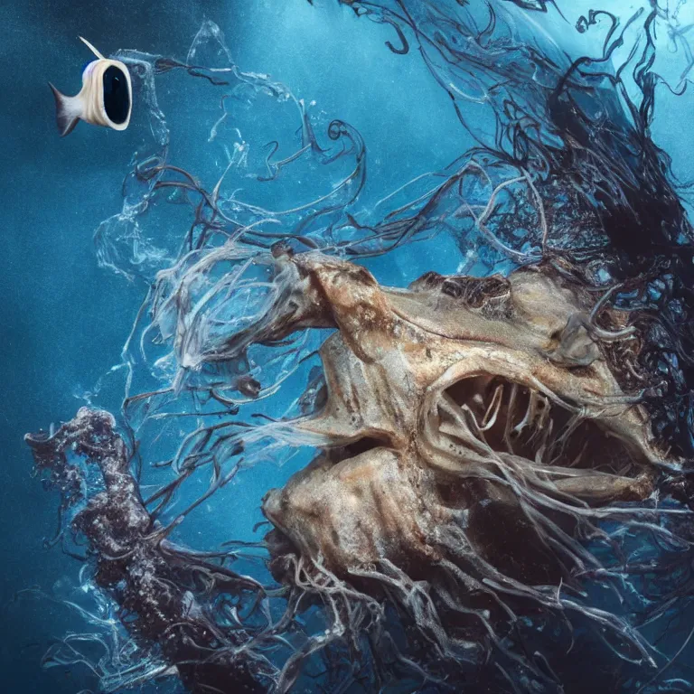 Image similar to Realistic Studio Photograph of a deep sea anglerfish deep underwater, award-winning nature deep sea photography hyperrealism 8k